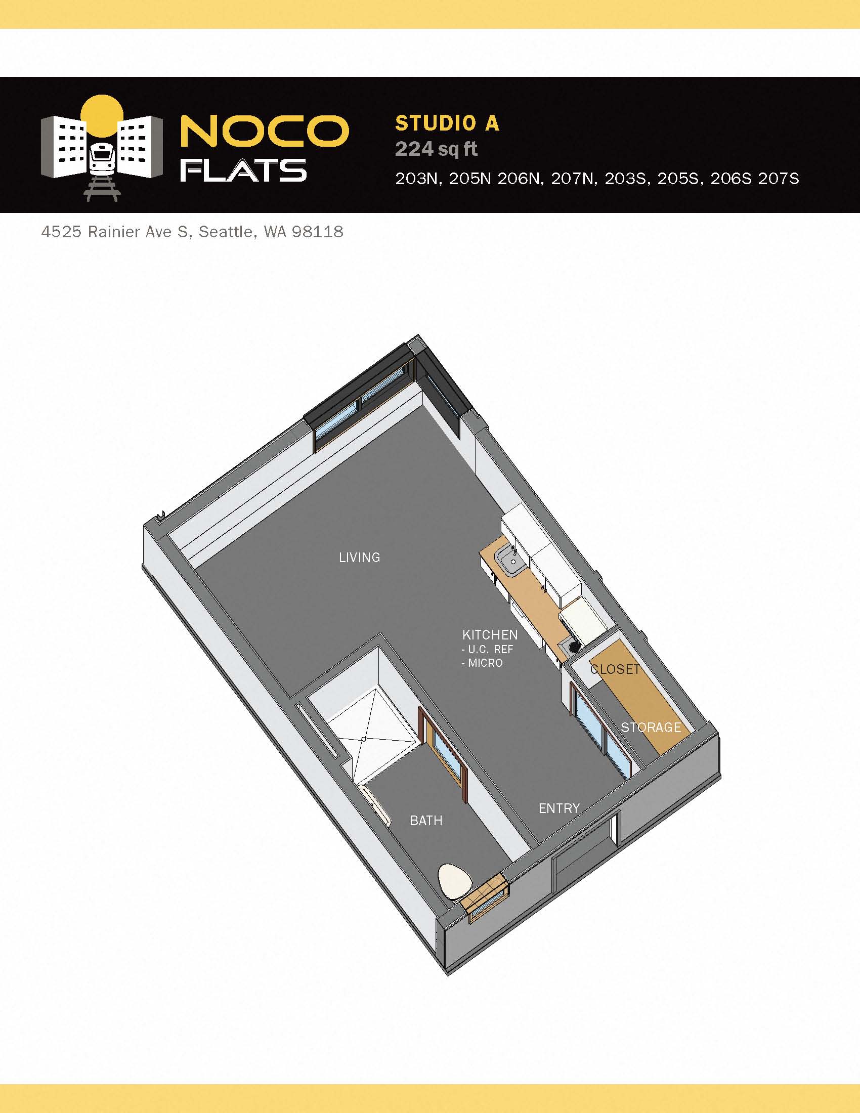 Floor plan for 1 bed, 1 bath, 224 sqft